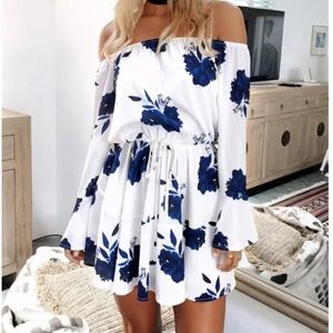 Off-shoulder boho floral print mini dress